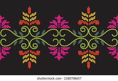 Motif ethnic handmade border beautiful art. Ethnic leaf floral background art. folk embroidery, Mexican, Peruvian, Indian, Asia, Moroccan, Turkey, and Uzbek style. Aztec geometric art ornament print.