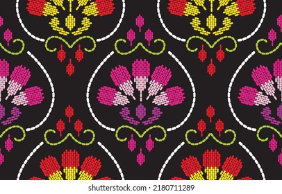 Motif ethnic handmade border beautiful art. Ethnic leaf floral background art. folk embroidery, Mexican, Peruvian, Indian, Asia, Moroccan, Turkey, and Uzbek style. Aztec geometric art ornament print.