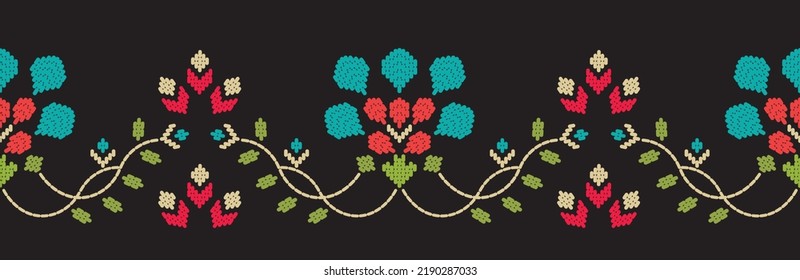 Motif ethnic handmade border beautiful embroidery art. Ethnic leaf floral pattern. folk embroidery, Mexican, Peruvian, Indian, Asia, Moroccan, Turkey, and Uzbek style.  beautiful flower decoration.