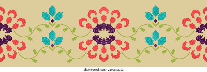 Motif ethnic handmade border beautiful embroidery art. Ethnic leaf floral pattern. folk embroidery, Mexican, Peruvian, Indian, Asia, Moroccan, Turkey, and Uzbek style.  beautiful flower decoration.