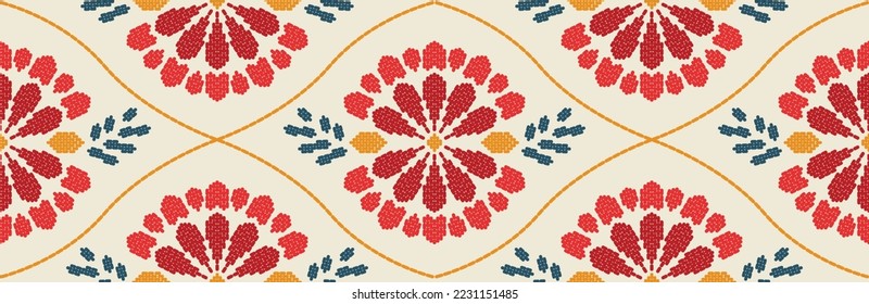 Motif ethnic handmade border beautiful art. Ethnic leaf floral background art. folk embroidery, Mexican, Peruvian, Indian, Asia, Moroccan, Turkey, and Uzbek style. Aztec geometric art ornament print.