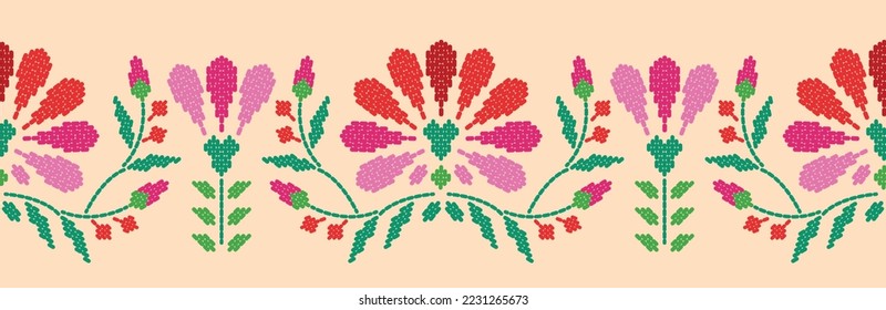 Motif ethnic handmade border beautiful art. Ethnic leaf floral background art. folk embroidery, Mexican, Peruvian, Indian, Asia, Moroccan, Turkey, and Uzbek style. Aztec geometric art ornament print.