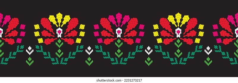 Motif ethnic handmade border beautiful art. Ethnic leaf floral background art. folk embroidery, Mexican, Peruvian, Indian, Asia, Moroccan, Turkey, and Uzbek style. Aztec geometric art ornament print.