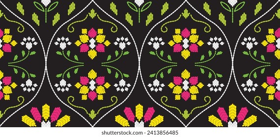 Motif ethnic handmade border beautiful art. Ethnic leaf floral background art. folk embroidery  Mexican, Peruvian, Indian, Asia, Moroccan, Turkey Uzbek style. Embroidery pattern design hem skirt.