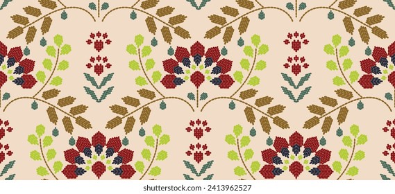 Motif ethnic handmade border beautiful art. Ethnic leaf floral background art. folk embroidery  Mexican, Peruvian, Indian, Asia, Moroccan, Turkey Uzbek style. Embroidery pattern design hem skirt.