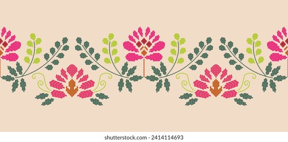 Motif ethnic handmade border beautiful art. Ethnic leaf floral background art. folk embroidery  Mexican, Peruvian, Indian, Asia, Moroccan, Turkey Uzbek style. Embroidery pattern design hem skirt.