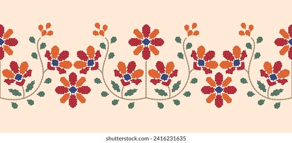 Motif ethnic handmade border beautiful art. Ethnic leaf floral background art. folk embroidery  Mexican, Peruvian, Indian, Asia, Moroccan, Turkey Uzbek style. Embroidery pattern design hem skirt.