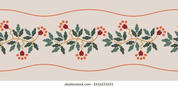 Motif ethnic handmade border beautiful art. Ethnic leaf floral background art. folk embroidery  Mexican, Peruvian, Indian, Asia, Moroccan, Turkey Uzbek style. Embroidery pattern design hem skirt.