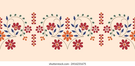 Motif ethnic handmade border beautiful art. Ethnic leaf floral background art. folk embroidery  Mexican, Peruvian, Indian, Asia, Moroccan, Turkey Uzbek style. Embroidery pattern design hem skirt.