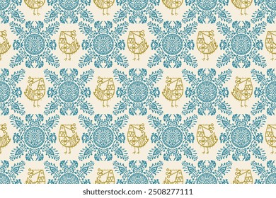Motif ethnic handmade chicken and flower beautiful Ikat art. Saree Sarong Ethnic Africa  fabric seamless pattern on background art folk embroidery, Peruvian, Indian, Asia,europe style. Aztec geometric