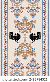 Motif ethnic handmade crow and flower beautiful Ikat art. Saree Sarong Ethnic Africa  fabric seamless pattern on background art folk embroidery, Peruvian, Indian, Asia,europe style. Aztec geometric