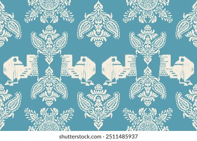 Motif ethnic handmade crow and flower beautiful Ikat art. Saree Sarong Ethnic Africa  fabric seamless pattern on background art folk embroidery, Peruvian, Indian, Asia,europe style. Aztec geometric