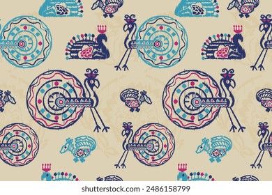 Motif ethnic handmade snail and flower beautiful Ikat art. Saree Sarong Ethnic Africa  fabric seamless pattern on background art folk embroidery, Peruvian, Indian, Asia,europe style. Aztec geometric