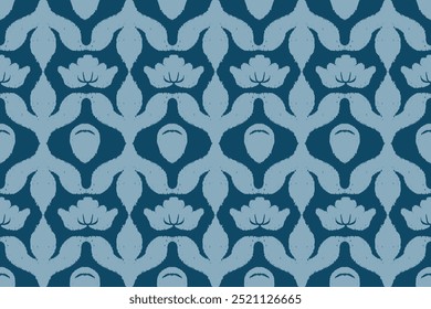 Motivo padrão étnico ikat sem costura têxtil. Padrão antigo, flores brancas, fundo azul-marinho.	