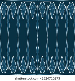 Motivo padrão étnico ikat sem costura têxtil. Padrão antigo, flores brancas, fundo azul-marinho.