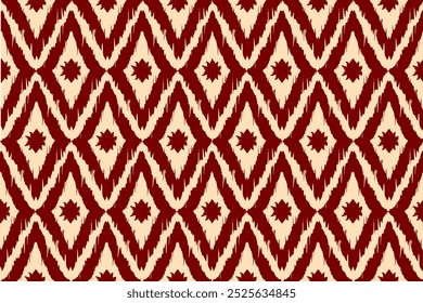 Motivo étnico ikat patrón textil sin costuras. Patrón antiguo, rojo triangular con estrella roja en el interior, fondo de color perla.	