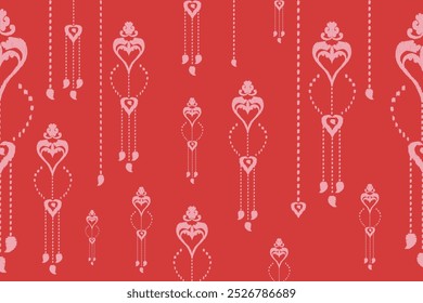 Motif ethnic ikat pattern seamless textile. Antique pattern, white flowers and heart, red background.	