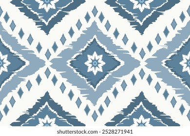 Motivo étnico ikat patrón textil sin costuras. Patrón antiguo, flores blancas, fondo azul marino.	