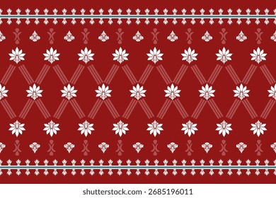 Motif ethnic ikat pattern seamless textile. Antique pattern, white flowers, red background.