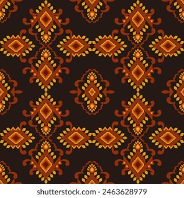 Motif ethnic ikat seamless textile illustration, brown embroidery, print striped ornament floral, fabric pattern, design for wrapping, silk, scarf, background, textile,  carpet, texture, hand-draw