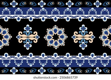 Motif ethnic ikat seamless textile illustration, navy blue embroidery, print striped ornament floral, pattern, design for wrapping,dress, silk, scarf, background, textile, carpet, texture,fabric.