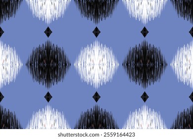 Motif ethnic ikat seamless textile illustration,  Abstract Symmetrical Pattern with Black and White Spikes on Blue Background. print striped ornament floral, pattern, design for wrapping, silk, scarf,