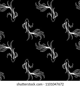 motif Flat lay or top view Fighting fish or betta fish free hand ink drawing oriental ornament style design for porcelain seamless pattern or black and white tone background vector
