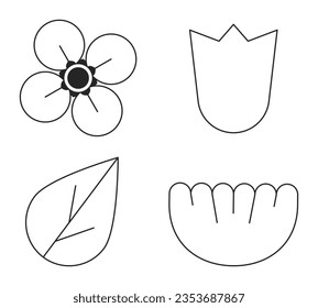 Motif floral botanical flat monochrome isolated vector objects set. Flower heads. Editable black and white line art drawings. Simple outline spot illustrations collection for web graphic design