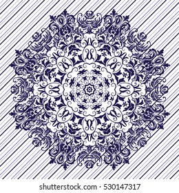 Motif floral pattern mandala drawn with a pen. blue and white. Tribal mandala pattern. Ethnic, fabric, motifs. Vector, abstract flower mandala. Decorative elements for design. EPS 10