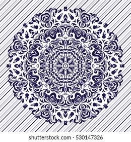 Motif floral pattern mandala drawn with a pen. blue and white. Tribal mandala pattern. Ethnic, fabric, motifs. Vector, abstract flower mandala. Decorative elements for design. EPS 10