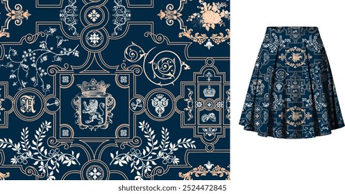 Motif  flower, border on blue background. Luxurious, classic pattern. Fashion dress pattern. Motif run from foot to waist . Combined with long dress mockup.