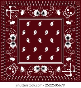 Motif horror halloween paisley bandana outline for textile.