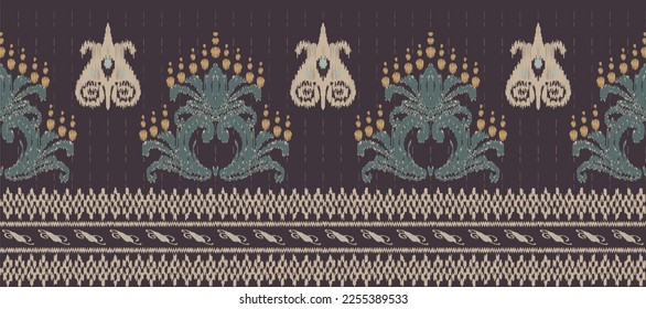 Motif Ikat floral embroidery on brown background.geometric ethnic oriental seamless pattern traditional. Ikat Aztec style abstract vector.design for texture,fabric,clothing,saree,decoration,sari.