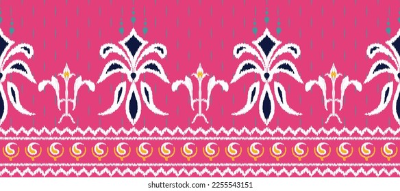 Motif Ikat floral embroidery on Pink background.geometric ethnic oriental seamless pattern traditional. Paisley style abstract vector.design for texture,fabric,clothing,saree,decoration,sari.
