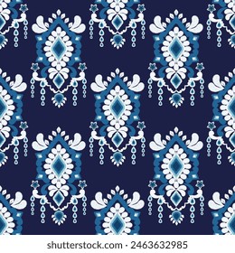 Motif ikat seamless pattern, Ethnic textile illustration, blue embroidery, print striped ornament floral, design for wrapping, silk, background, wallpaper, textile, carpet, rug, texture, hand-draw