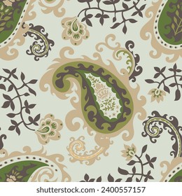 Motif with Indian paisley ornament for home decoration and textile, floral decoupage. India fabric for traditional clothes. Seamless pattern print, wallpaper background. Vector in flat style