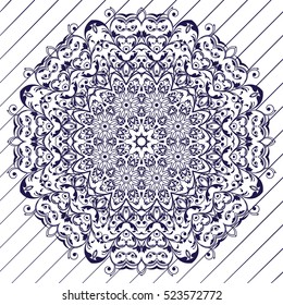 The motif of the mandala flower pattern drawn by the pen. blue and white. Mandala tribal pattern. Ethnic, fabric, motifs. Vector, abstract mandala flower. Decorative elements for design. EPS 10