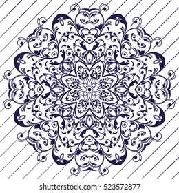 The motif of the mandala flower pattern drawn by the pen. blue and white. Mandala tribal pattern. Ethnic, fabric, motifs. Vector, abstract mandala flower. Decorative elements for design. EPS 10