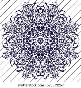 The motif of the mandala flower pattern drawn by the pen. blue and white. Mandala tribal pattern. Ethnic, fabric, motifs. Vector, abstract mandala flower. Decorative elements for design. EPS 10