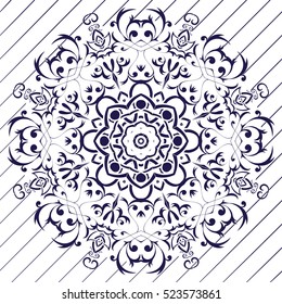 The motif of the mandala flower pattern drawn by the pen. blue and white. Mandala tribal pattern. Ethnic, fabric, motifs. Vector, abstract mandala flower. Decorative elements for design. EPS 10