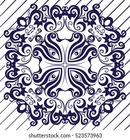 The motif of the mandala flower pattern drawn by the pen. blue and white. Mandala tribal pattern. Ethnic, fabric, motifs. Vector, abstract mandala flower. Decorative elements for design. EPS 10