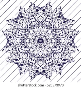 The motif of the mandala flower pattern drawn by the pen. blue and white. Mandala tribal pattern. Ethnic, fabric, motifs. Vector, abstract mandala flower. Decorative elements for design. EPS 10