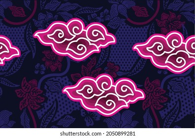 Motif Mega Mendung, motivo batik típico de Java Occidental Indonesia, patrón de línea curvada con objetos en la nube, con desarrollos y varios colores artísticos