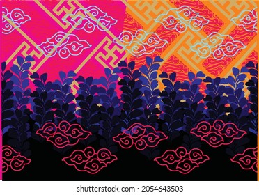 Motif Mega Mendung, batik motif typical of West Java Indonesia, curved line pattern with cloud objects, with developments and various artistic colors