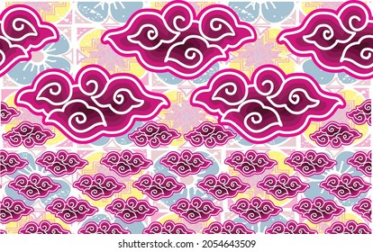 Motif Mega Mendung, batik motif typical of West Java Indonesia, curved line pattern with cloud objects, with developments and various artistic colors