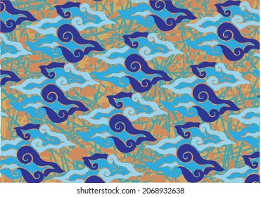 Motif Mega Mendung, batik motif typical of West Java Indonesia, curved line pattern with cloud objects, with developments and various artistic colors