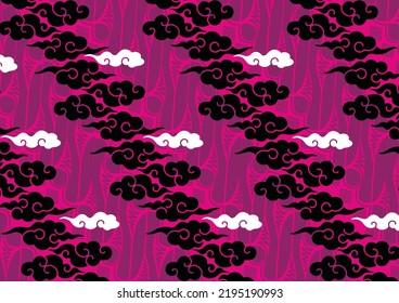 Motif Mega Mendung, batik motif typical of West Java Indonesia, curved line pattern with cloud objects, with developments and various artistic colors