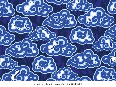 Motif Mega Mendung, batik motif typical of West Java Indonesia, curved line pattern with cloud objects, with developments and various artistic colors