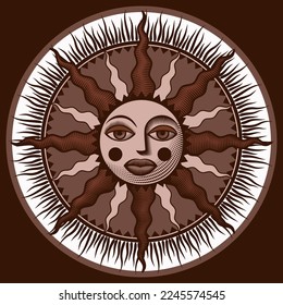 The motif of a round decorative symbol of the sun with a face and rays in brown tones. Vector illustration