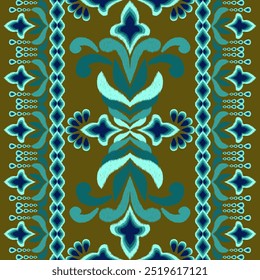Motiv Textilmuster-Design, Ethnische Ikat, gestreift, Indische Tradition, Dekor handgemachte Kunstwerke, Rahmen, Geschenkkarte, Tapete, Frauen Tuch Ornament, Vektor, abstrakte Grenze, Teppich, Ikat für Stoff